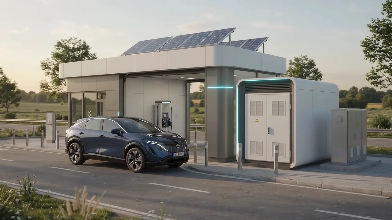 Illustrative battery-swap station with rooftop solar and an electric car, from IMAGINE Episode 002